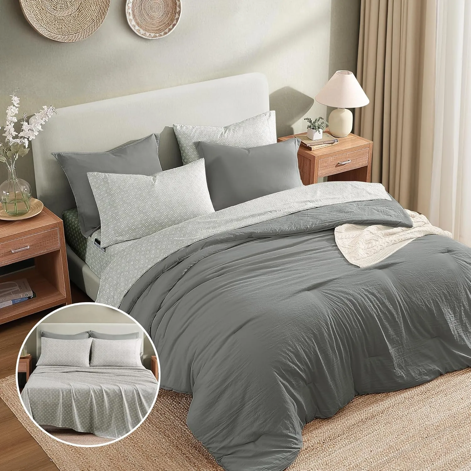 Monbix Full Size Comforter Set - 7 Pieces Granite Grey Prewashed Bed in a Bag Full Bedding Sets with Comforters, All Seasons Down Alternative Comforter Bed Set with Sheets,Pillowcases & Shams