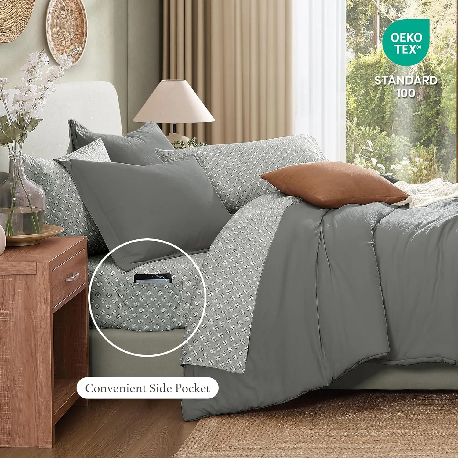 Monbix Full Size Comforter Set - 7 Pieces Granite Grey Prewashed Bed in a Bag Full Bedding Sets with Comforters, All Seasons Down Alternative Comforter Bed Set with Sheets,Pillowcases & Shams