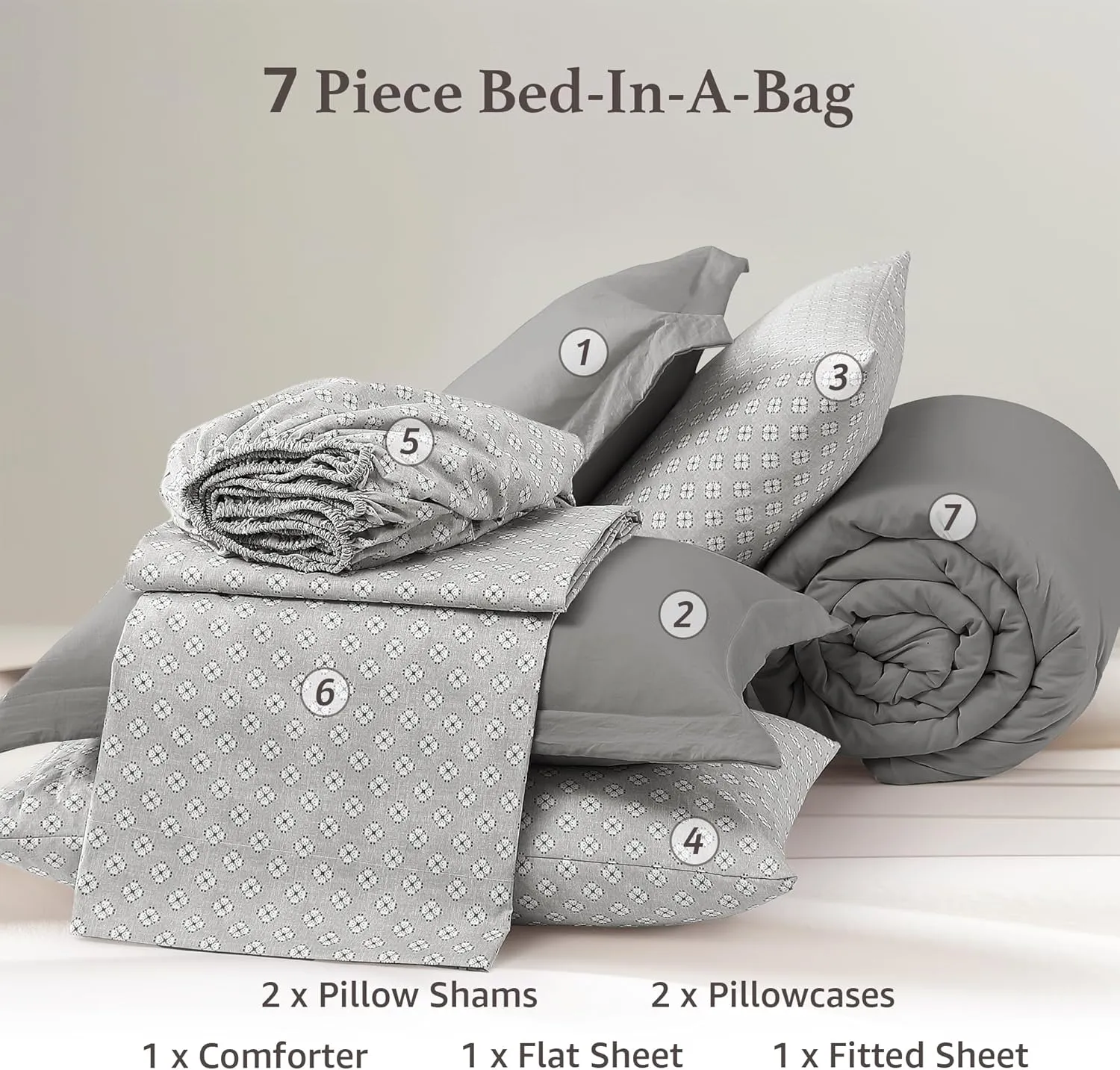 Monbix Full Size Comforter Set - 7 Pieces Granite Grey Prewashed Bed in a Bag Full Bedding Sets with Comforters, All Seasons Down Alternative Comforter Bed Set with Sheets,Pillowcases & Shams