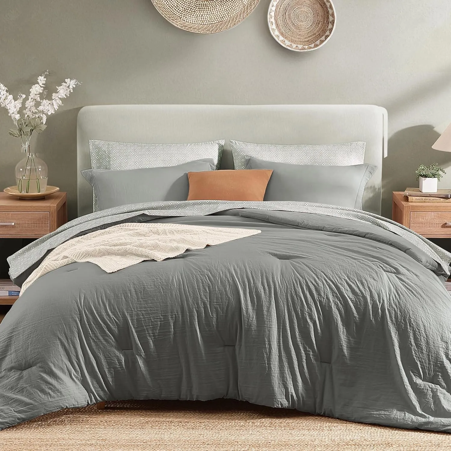Monbix Full Size Comforter Set - 7 Pieces Granite Grey Prewashed Bed in a Bag Full Bedding Sets with Comforters, All Seasons Down Alternative Comforter Bed Set with Sheets,Pillowcases & Shams