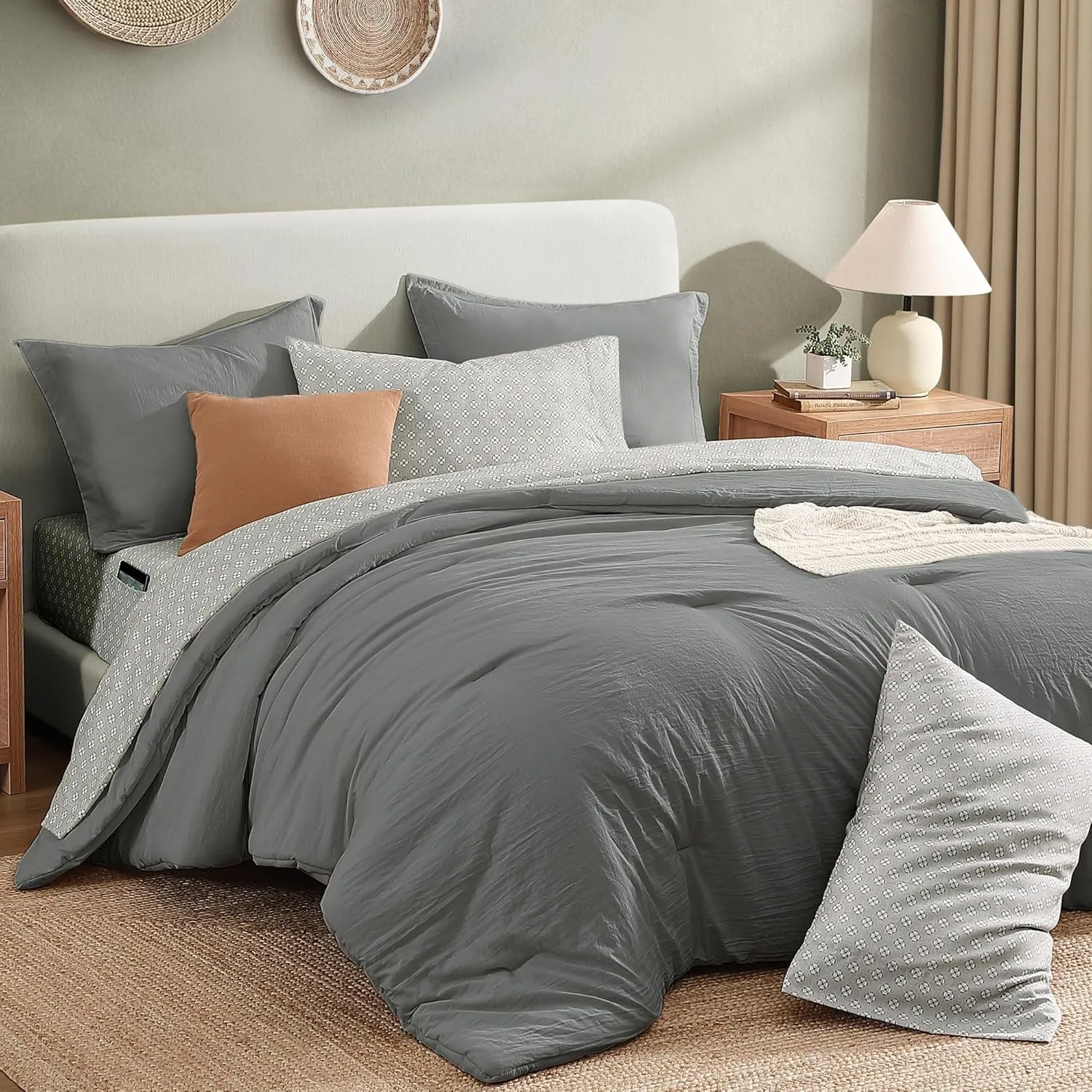 Monbix Full Size Comforter Set - 7 Pieces Granite Grey Prewashed Bed in a Bag Full Bedding Sets with Comforters, All Seasons Down Alternative Comforter Bed Set with Sheets,Pillowcases & Shams