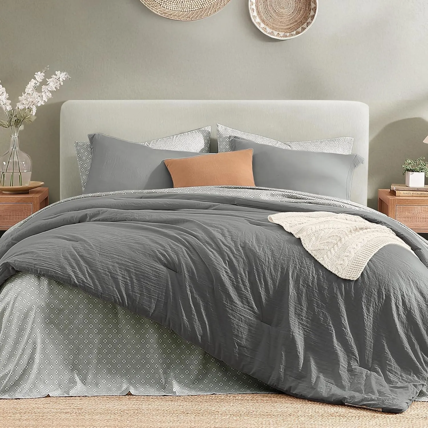 Monbix Full Size Comforter Set - 7 Pieces Granite Grey Prewashed Bed in a Bag Full Bedding Sets with Comforters, All Seasons Down Alternative Comforter Bed Set with Sheets,Pillowcases & Shams
