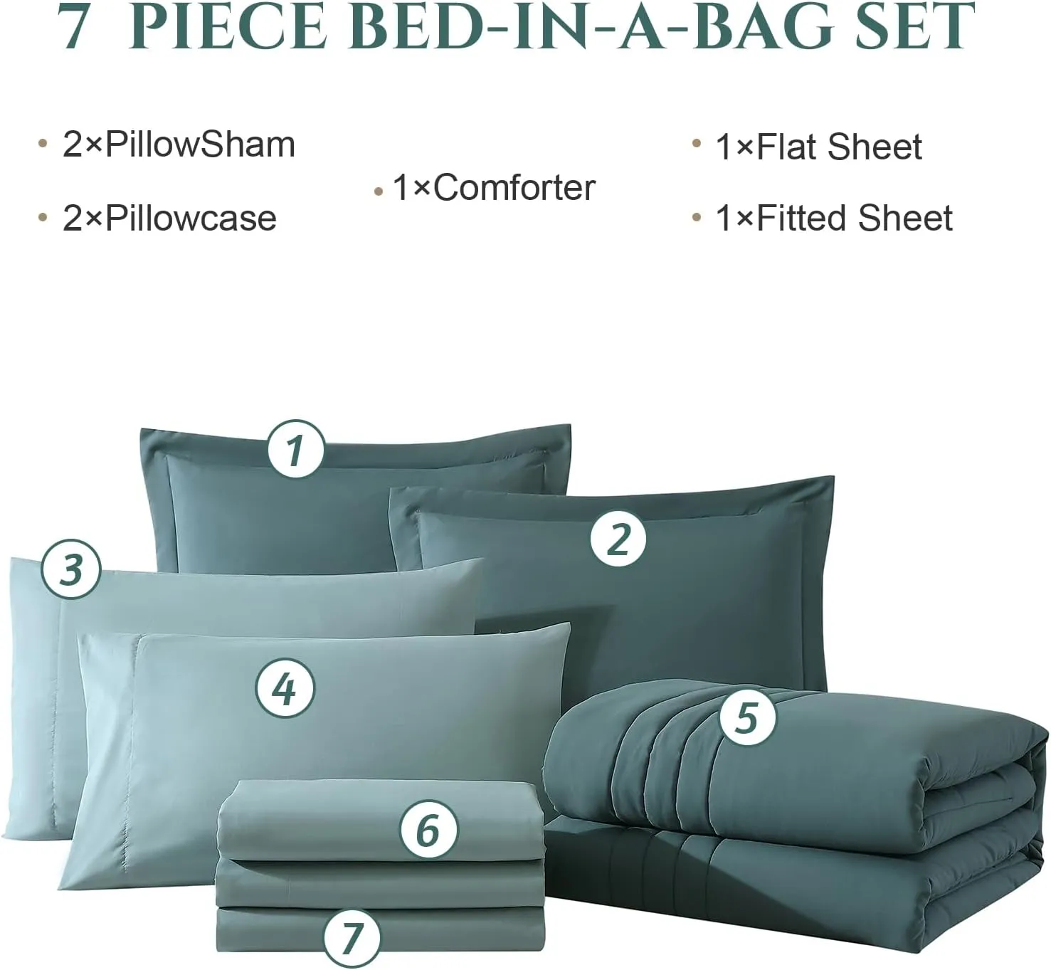 Monbix King Size Comforter Set - 7 Pieces Bed in a Bag King, Dark Green Bedding Sets with Comforter, All Seasons Down Alternative Comforter Bed Set with Sheets, Pillowcases & Shams