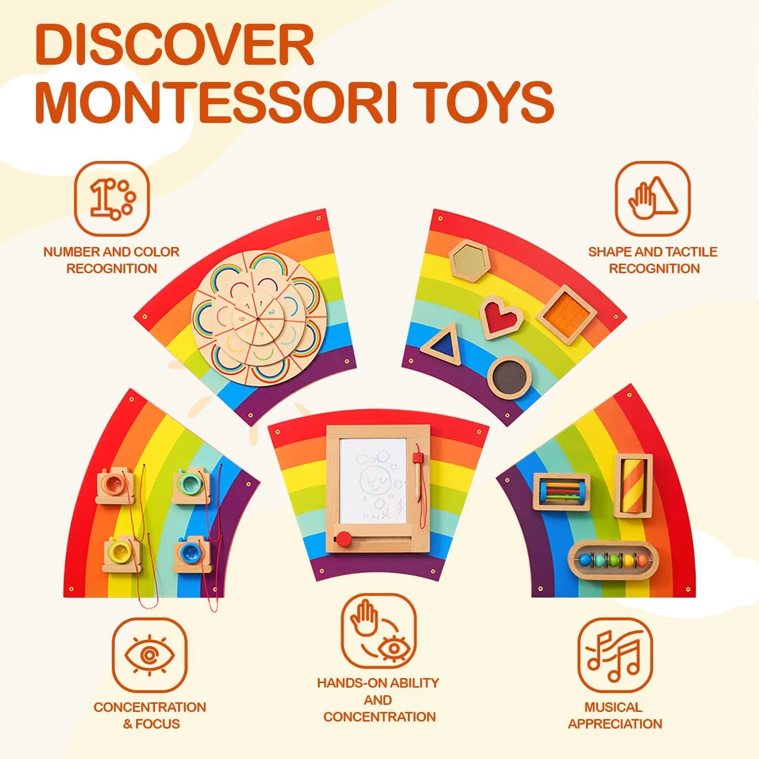Monläurd® Wooden Rainbow Busy Board - Sensory Wall Activity Panel for Toddlers & Babies, Fine Motor Skills Development, Educational Screen-Free Toy for Playroom, Nursery, Daycare