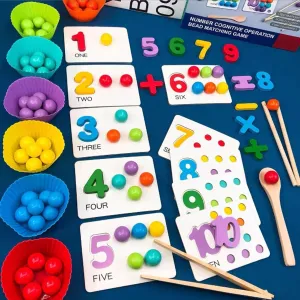 Montessori Arithmetic Math Toy Set, Educational Early Kindergarten Education Bead, Wooden Digital Learning with Beads, Chopsticks & Spoons, Montessori Numbers Beads Counting Toy (1 Set)