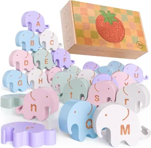 Montessori Natural Wooden Alphabet Elephants - 26-Piece Snap-Together ABC Learning Toy with Upper & Lowercase Letters - Educational Fine Motor Skills & Vocabulary Building for Toddlers & Kids Ages 3 