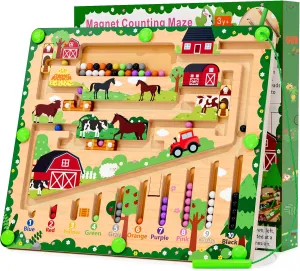 Montessori Wooden Color Matching Learning Counting Puzzle Board, Magnetic Color and Number Maze for Ages 2-4,Toddler Fine Motor Skills Toys for Boys Girls 3 4 5 Years Old