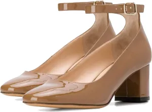 MOOMMO Women Low Chunky Block Heels Sandals Pumps Ankle Strap Round Closed Toe Dress Shoes 2" Heels Patent Suede Classic Formal Mid Heels Wedding Office Work Dance Shoe Dressy Comfort 4-11 M US