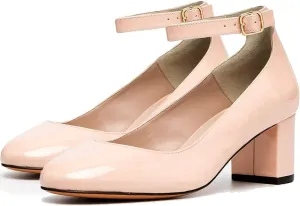 MOOMMO Women Low Chunky Block Heels Sandals Pumps Ankle Strap Round Closed Toe Dress Shoes 2" Heels Patent Suede Classic Formal Mid Heels Wedding Office Work Dance Shoe Dressy Comfort 4-11 M US