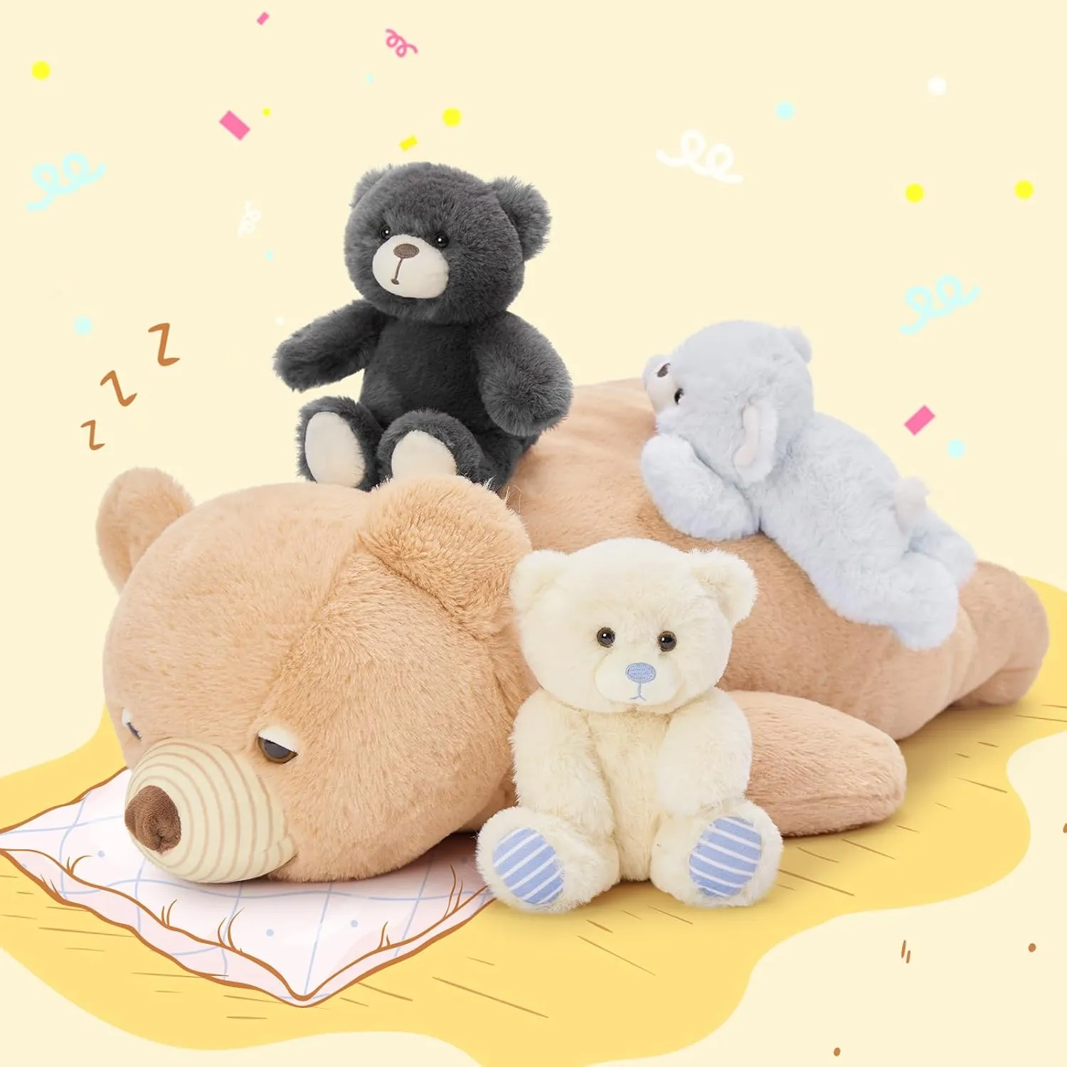 MorisMos Small Teddy Bear Stuffed Animal 24in Soft Lying Bear Plush Toy 4-in-1 Mom and Baby Stuffed Plush Toy Gift for Kids Christmas Valentine's Day