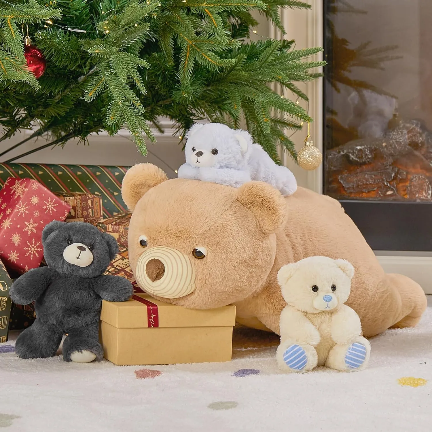 MorisMos Small Teddy Bear Stuffed Animal 24in Soft Lying Bear Plush Toy 4-in-1 Mom and Baby Stuffed Plush Toy Gift for Kids Christmas Valentine's Day