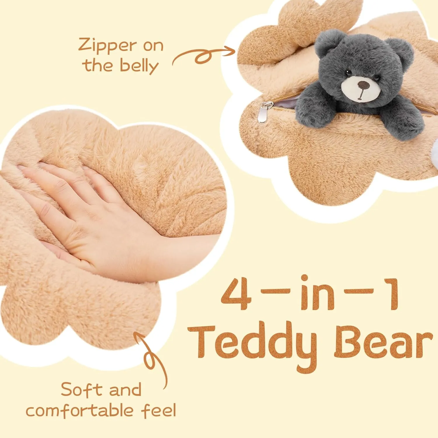 MorisMos Small Teddy Bear Stuffed Animal 24in Soft Lying Bear Plush Toy 4-in-1 Mom and Baby Stuffed Plush Toy Gift for Kids Christmas Valentine's Day