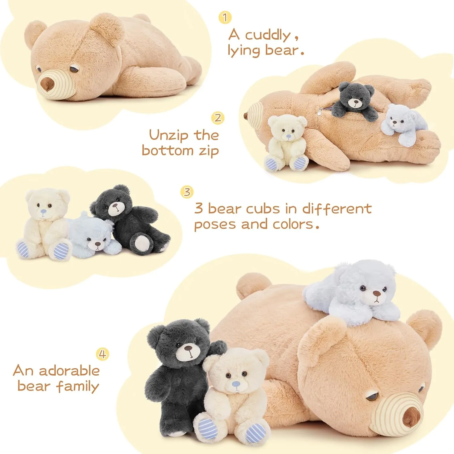 MorisMos Small Teddy Bear Stuffed Animal 24in Soft Lying Bear Plush Toy 4-in-1 Mom and Baby Stuffed Plush Toy Gift for Kids Christmas Valentine's Day