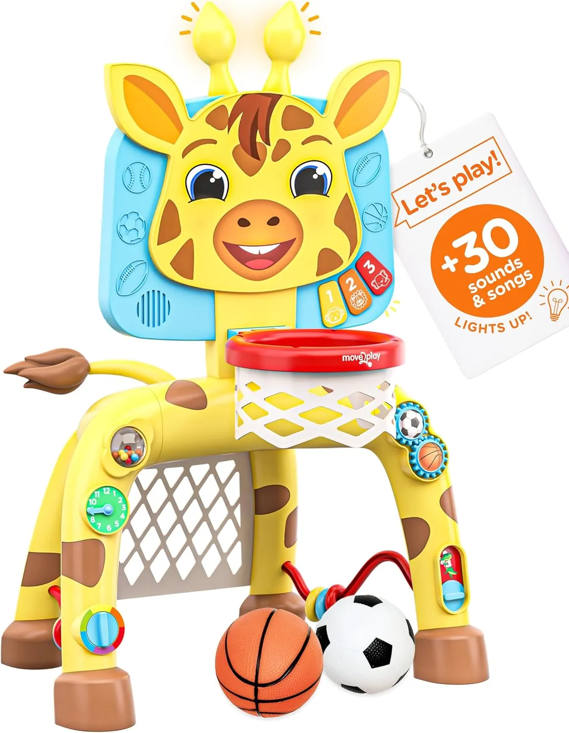 Move2Play, Giraffe Basketball Hoop & Soccer Goal Activity Center | 30  Sounds & Lights | 1, 2, 3  Year Old Gift & Birthday Present | 6, 12, 18, 24  Month Toy For Baby, Toddler, Boys, & Girls