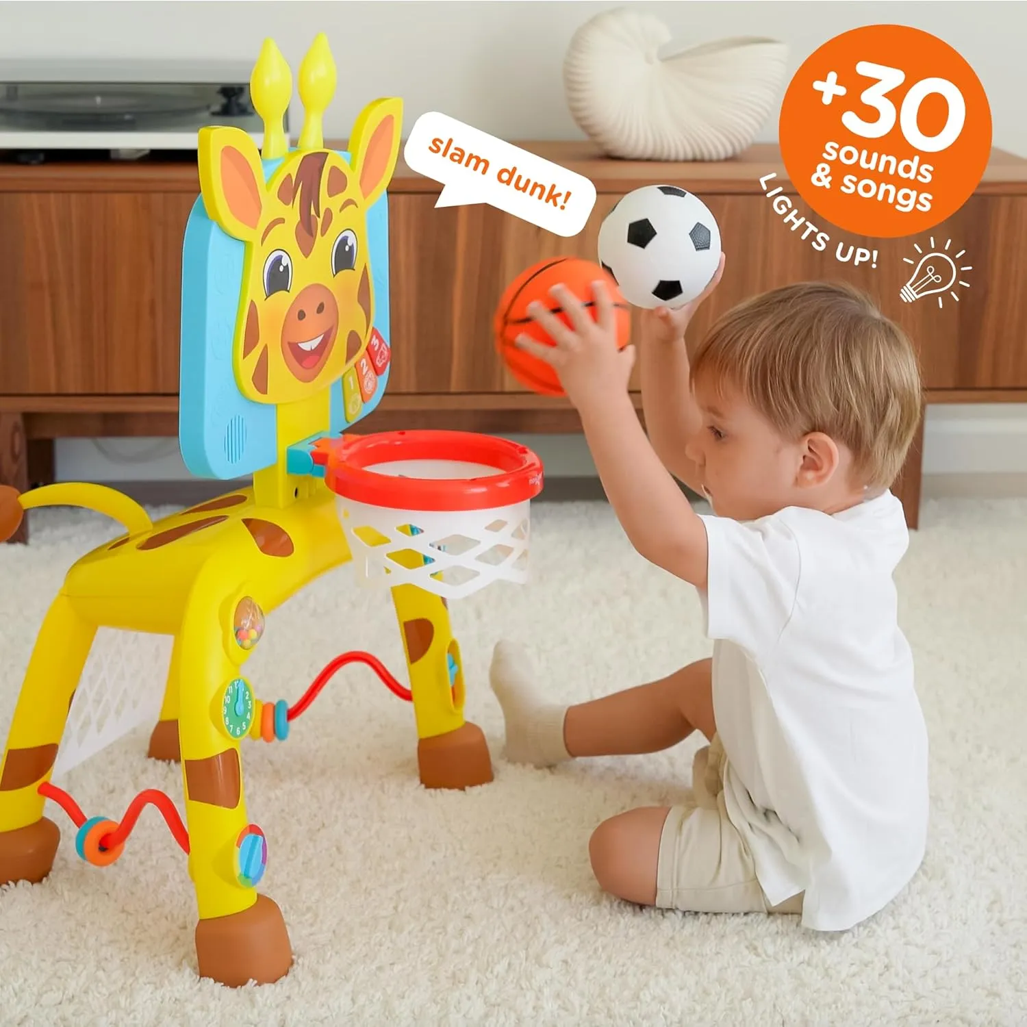 Move2Play, Giraffe Basketball Hoop & Soccer Goal Activity Center | 30  Sounds & Lights | 1, 2, 3  Year Old Gift & Birthday Present | 6, 12, 18, 24  Month Toy For Baby, Toddler, Boys, & Girls