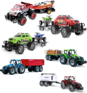 Mozlly Friction Powered Truck Toy Set – 3 Monster Trucks with 1 Removable Speed Boat, 1 SUV Tow, and 2 ATV Quads, 3 Farm Tractor Vehicles with Water Tank, Log Hauler, Tractor