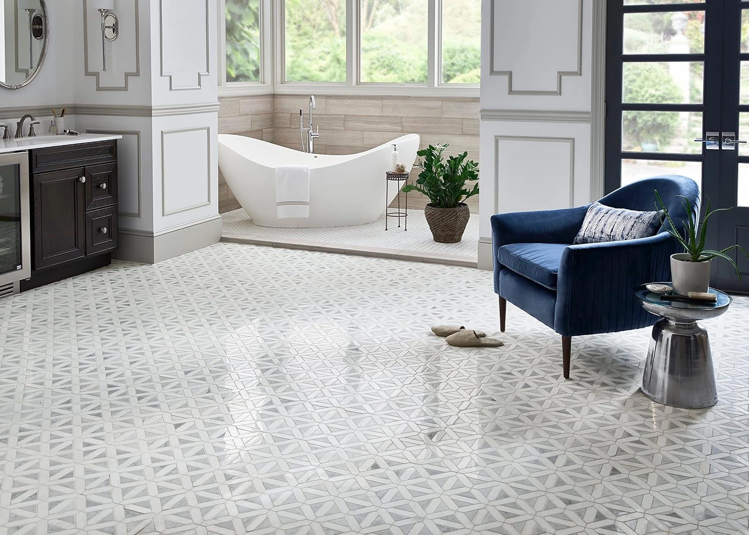 MSI Bianco Dolomite Geometrica Polished Marble Mosaic Tile for Kitchen and Bathroom Accent Walls, Mesh Mounted