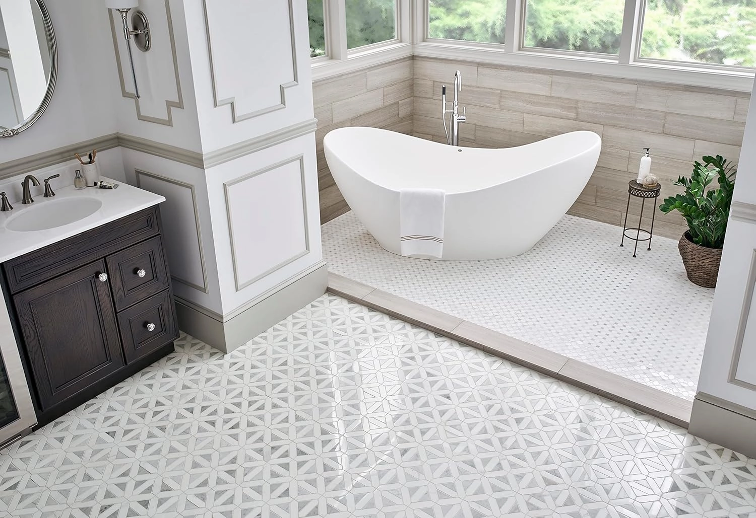 MSI Bianco Dolomite Geometrica Polished Marble Mosaic Tile for Kitchen and Bathroom Accent Walls, Mesh Mounted