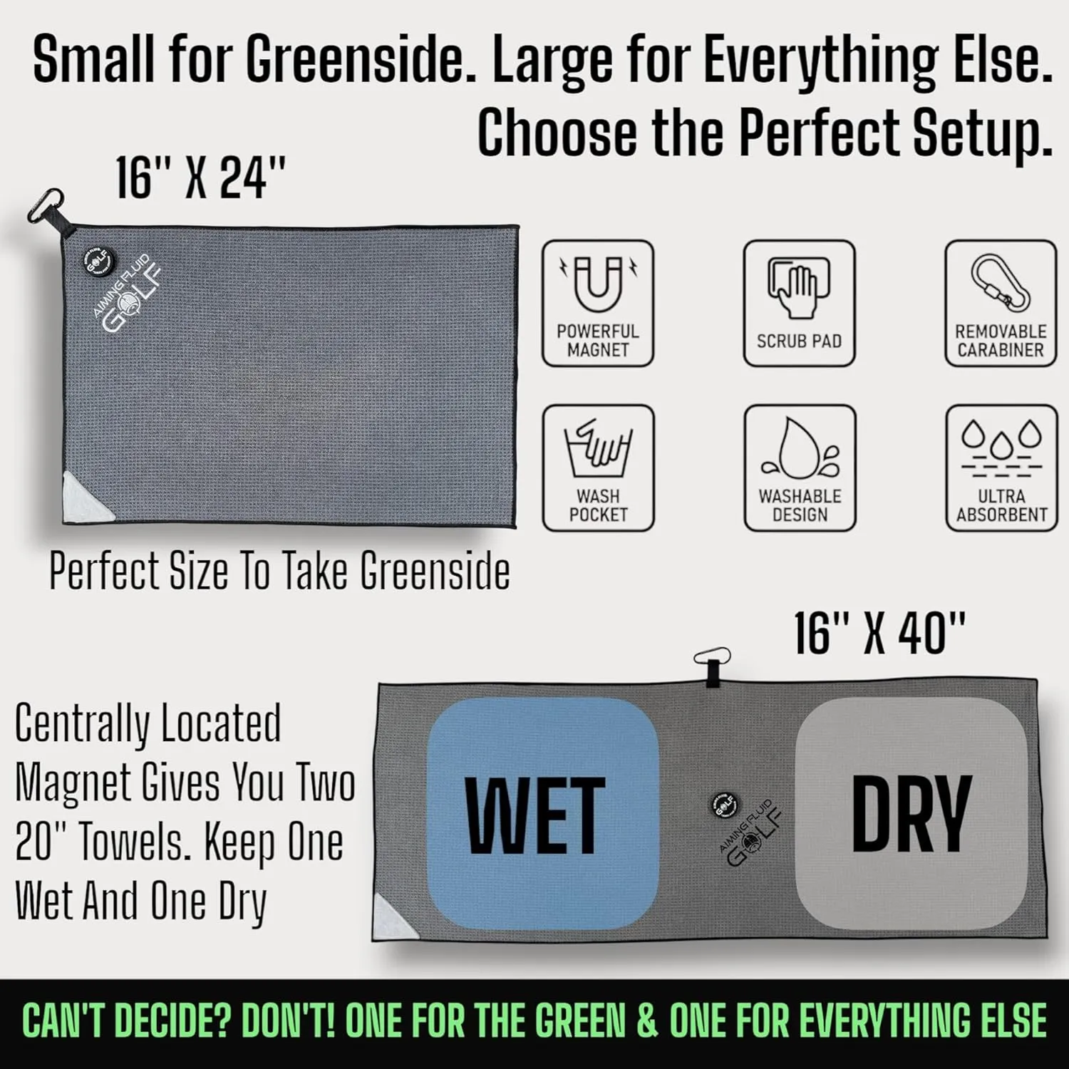 Multi-Function Magnetic Golf Towel with Dual Wash Pockets, Magna-Anchor Technology, Waffle Pattern, Ball Scrubber – Perfect Golf Gift for Men & Women (16" x 40", Augusta Green, with Magnet)