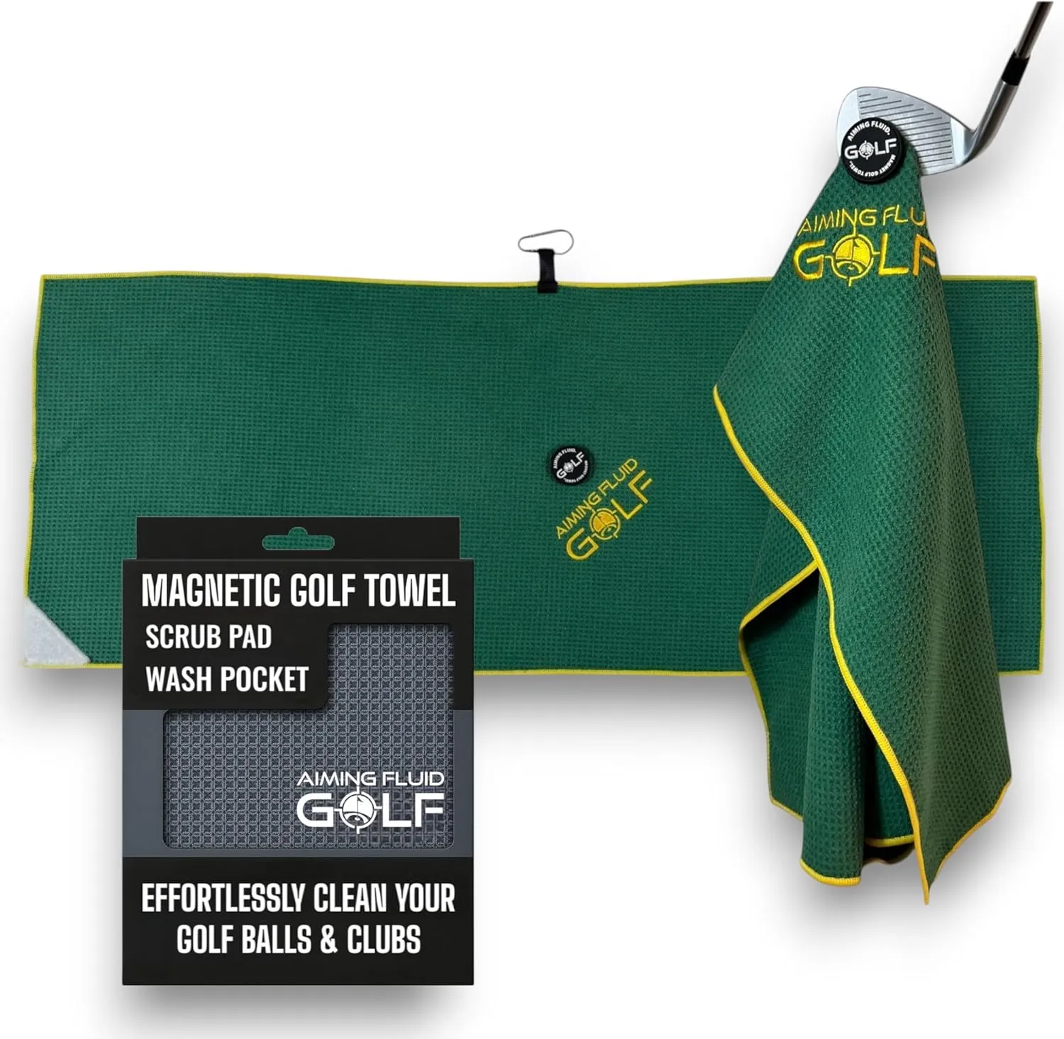 Multi-Function Magnetic Golf Towel with Dual Wash Pockets, Magna-Anchor Technology, Waffle Pattern, Ball Scrubber – Perfect Golf Gift for Men & Women (16" x 40", Augusta Green, with Magnet)