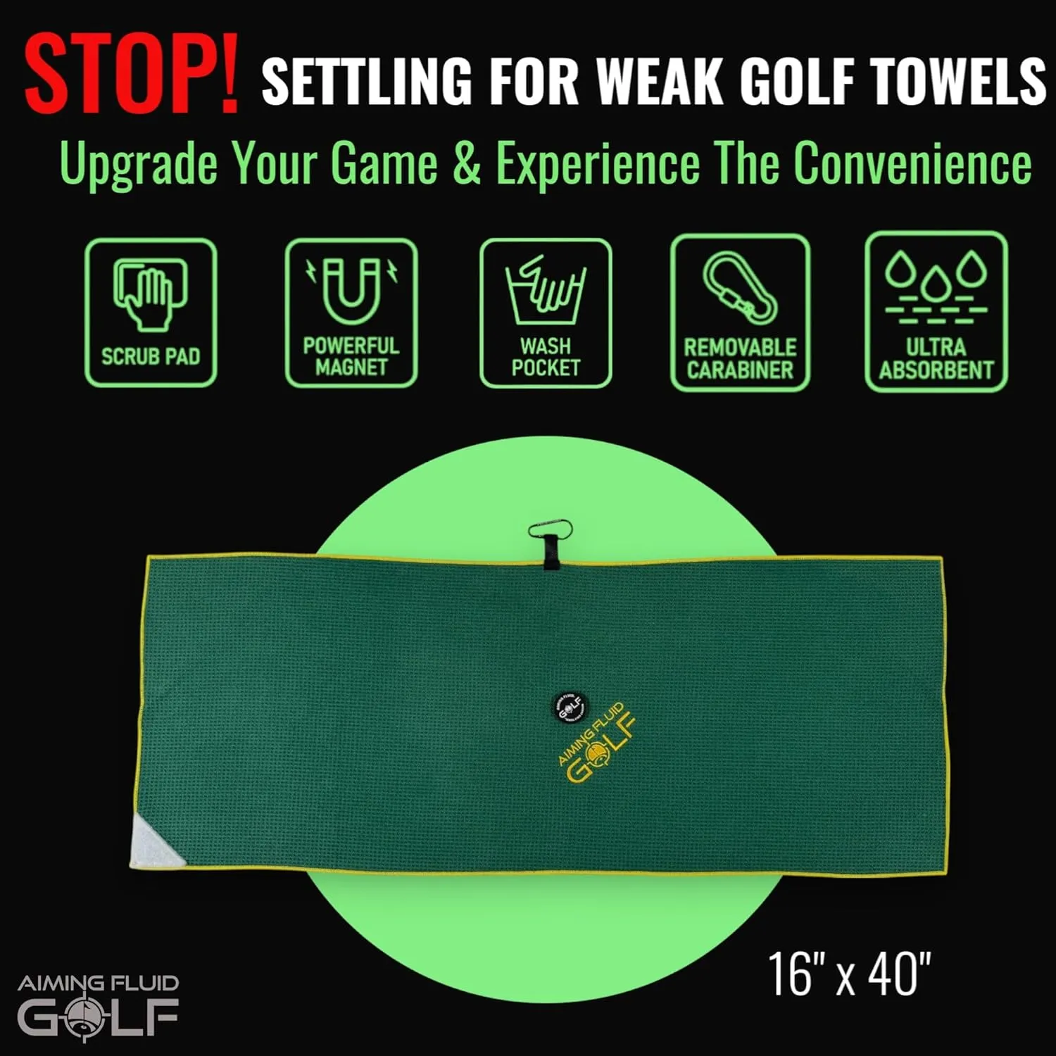 Multi-Function Magnetic Golf Towel with Dual Wash Pockets, Magna-Anchor Technology, Waffle Pattern, Ball Scrubber – Perfect Golf Gift for Men & Women (16" x 40", Augusta Green, with Magnet)