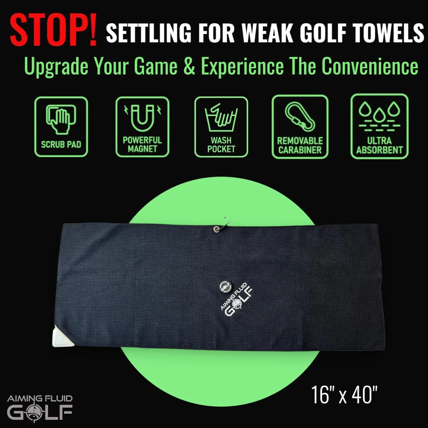 Multi-Function Magnetic Golf Towel with Dual Wash Pockets, Magna-Anchor Technology, Waffle Pattern, Ball Scrubber – Perfect Golf Gift for Men & Women (16" x 40", Black, with Magnet)