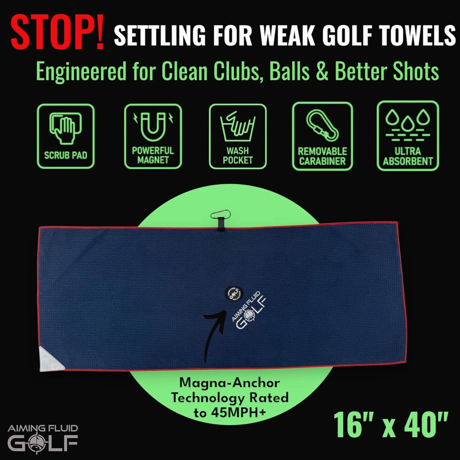 Multi-Function Magnetic Golf Towel I Wash Pocket I Magna-Anchor Technology I Waffle Pattern I Scrub Pad I Golf Gift for Men and Women (16" x 40" Blue Golf Towel Magnet)