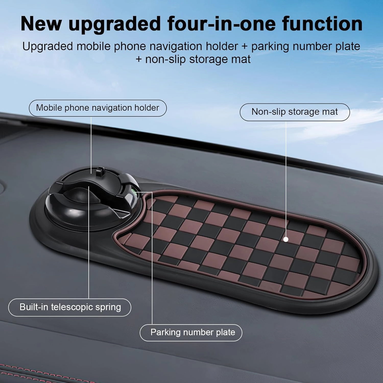 Multifunction Car Anti-Slip Mat, Rotatable Anti Skid Car Dashboard Mat, Universal Car Phone Holder with Temporary Parking Numbe for Phones, Sunglasses, Keys, Gadgets (Brown)