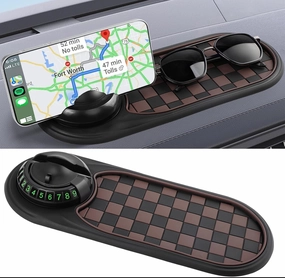 Multifunction Car Anti-Slip Mat, Rotatable Anti Skid Car Dashboard Mat, Universal Car Phone Holder with Temporary Parking Numbe for Phones, Sunglasses, Keys, Gadgets (Brown)