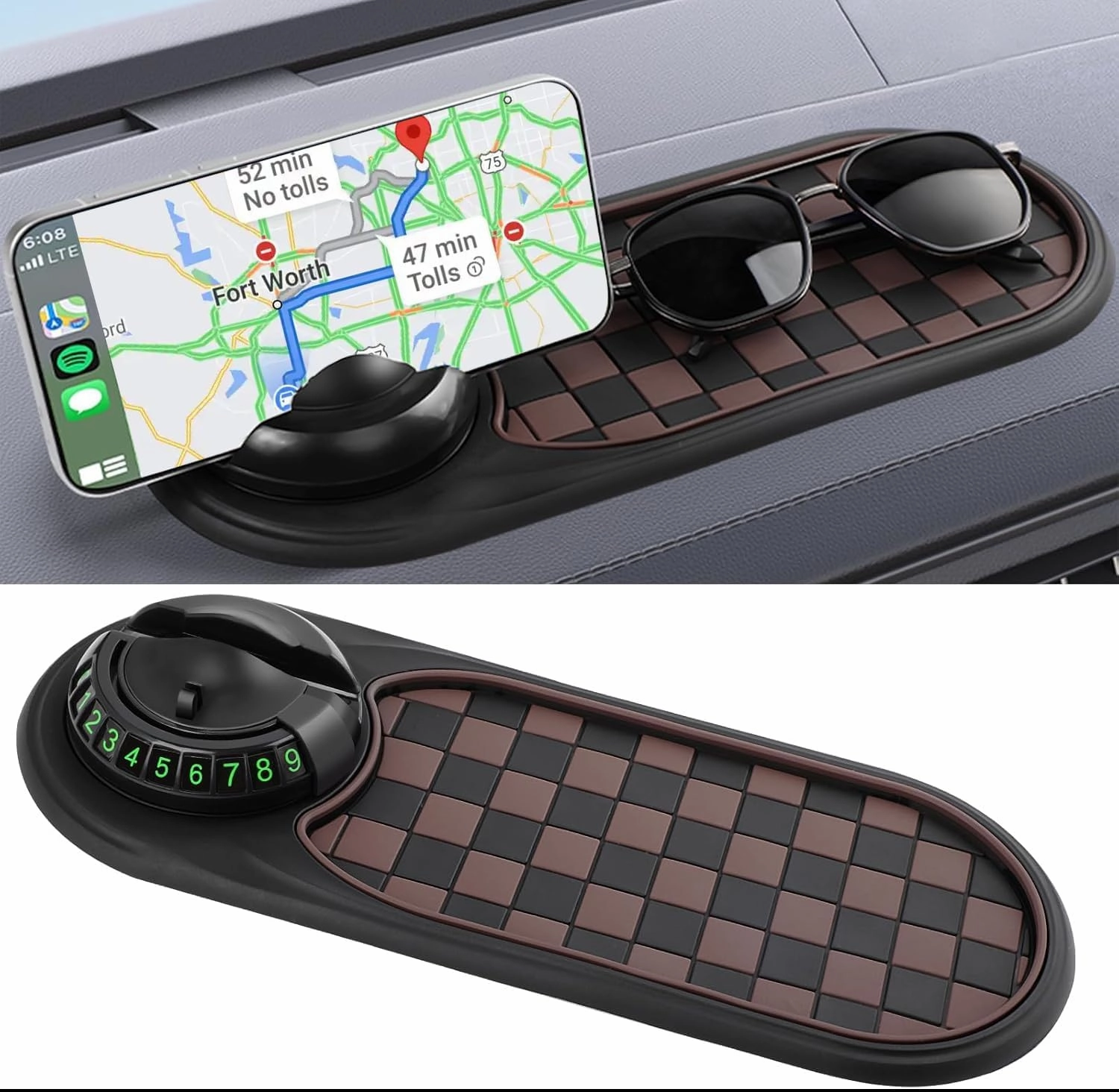 Multifunction Car Anti-Slip Mat, Rotatable Anti Skid Car Dashboard Mat, Universal Car Phone Holder with Temporary Parking Numbe for Phones, Sunglasses, Keys, Gadgets (Brown)