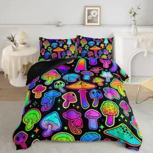 Mushroom Comforter Set Kids Bedding Set Twin,3Pcs Colorful Soft Black Gradient Mushroom Quilt Set Bed in A Bag with 1 Comforter 2 Pillowcases for Kids Boys Girls Teens Adults Room Decor All Season