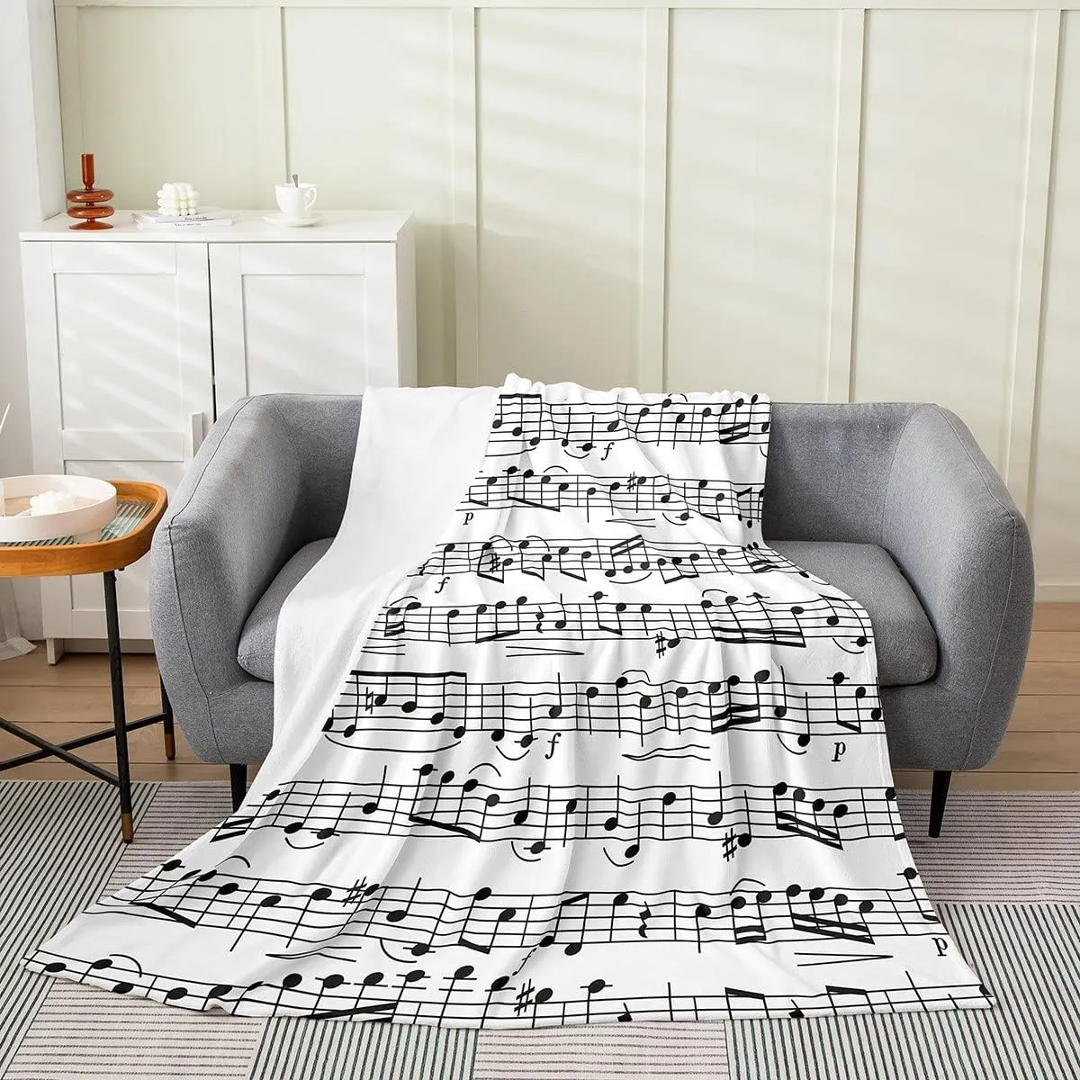 Music Throw Blanket for Music Lovers,Black White Music Notes Fleece Blanket All Season Soft Throw 50x60,Geometric Lines Art Fuzzy Blanket Lightweight,Teens Musician Flannel Blanket Living Room Decor