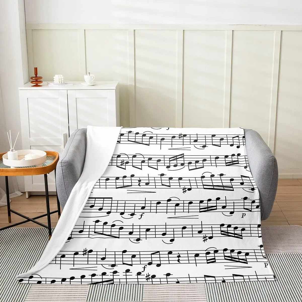 Music Throw Blanket for Music Lovers,Black White Music Notes Fleece Blanket All Season Soft Throw 50x60,Geometric Lines Art Fuzzy Blanket Lightweight,Teens Musician Flannel Blanket Living Room Decor