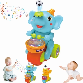 Musical Walking Elephant Drummer Toy，Elephant Toy，Drumming Elephant Baby Toy，Elephant Blowing Ball，Children's Drum Elephant Floating Ball Toy with LED Lights & Sounds,Crawling Toys for Babies (Blue)