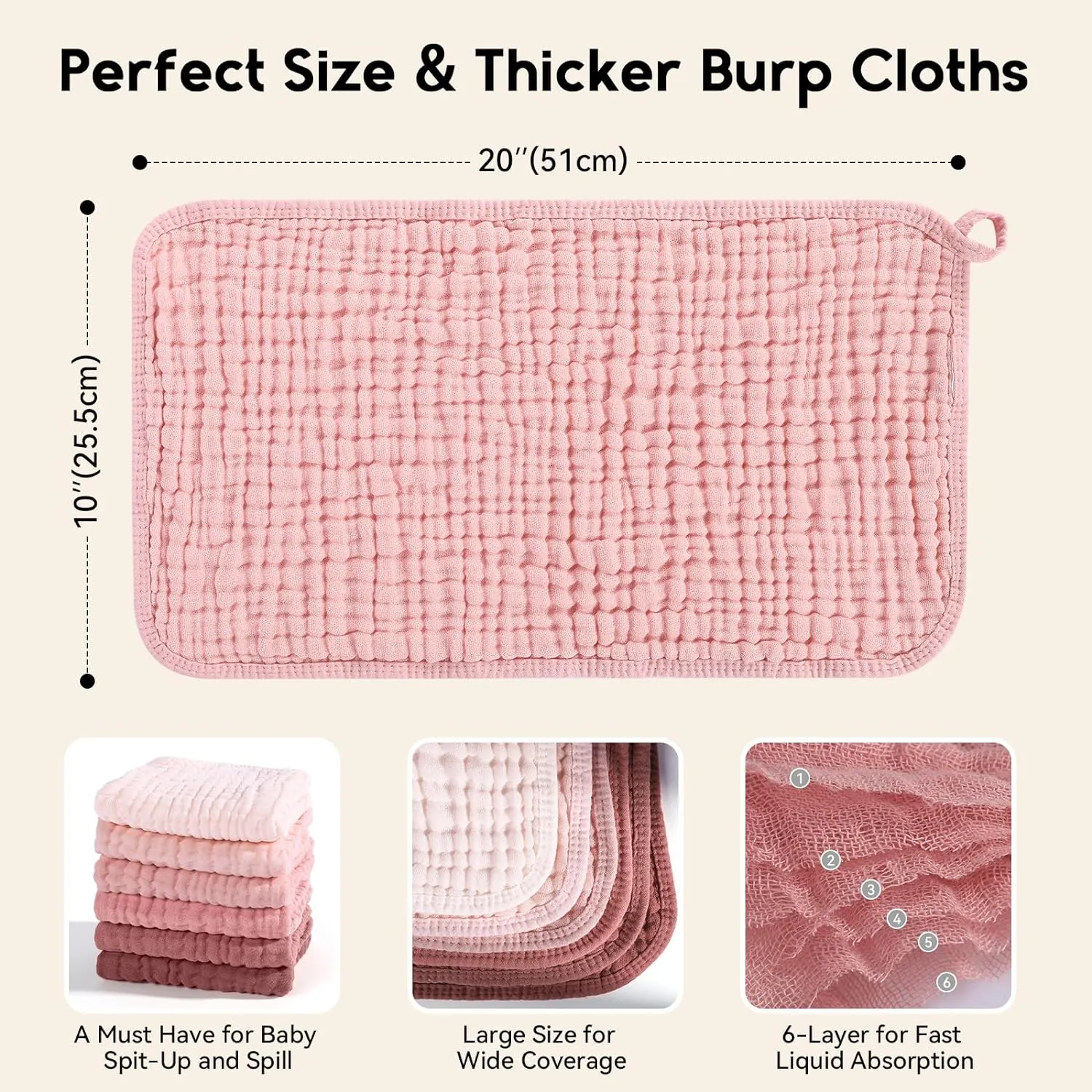 Muslin Burp Cloths for Baby 100% Cotton Burping Cloths for Boys Girls Large 20''X10'' Extra Soft and Absorbent 12 Pack - Gradient Pink