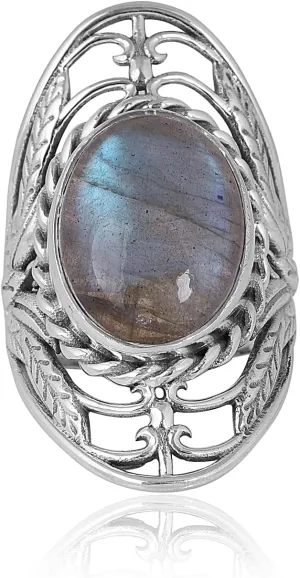 Mystic Allure Labradorite 925 Sterling Silver Filigree Chunky Ring
