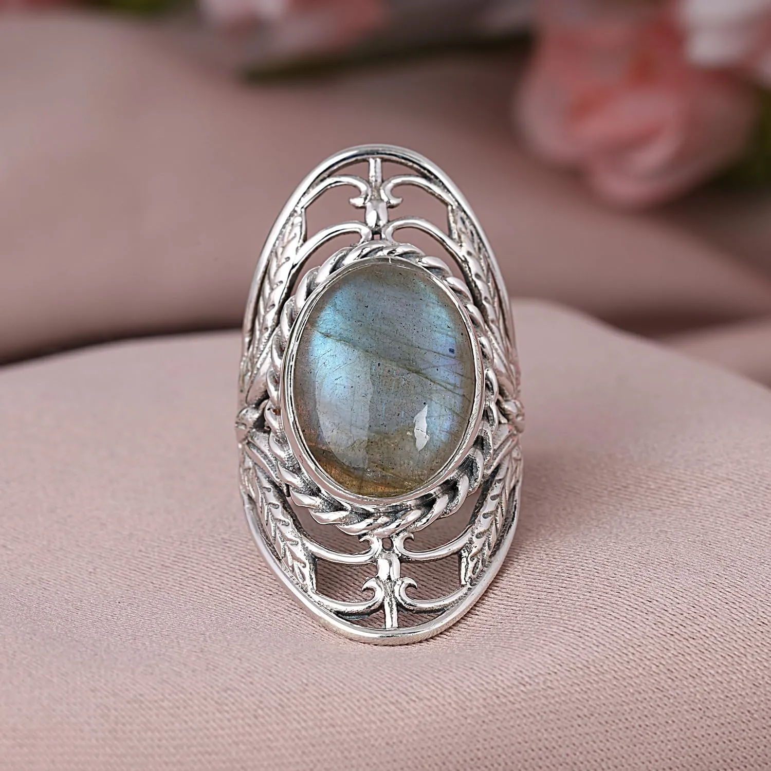 Mystic Allure Labradorite 925 Sterling Silver Filigree Chunky Ring