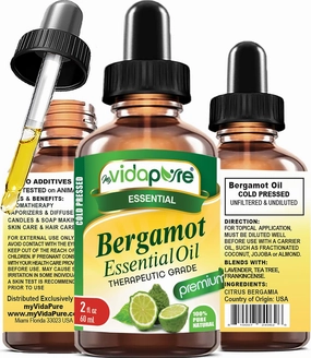 myVidaPure Bergamot Essential Oil 100% Pure Natural Undiluted 2 fl oz- 60 ml for Beauty, Skin, Hair, Aromatherapy, Soaps, Candles, Reed Diffusers, Perfume