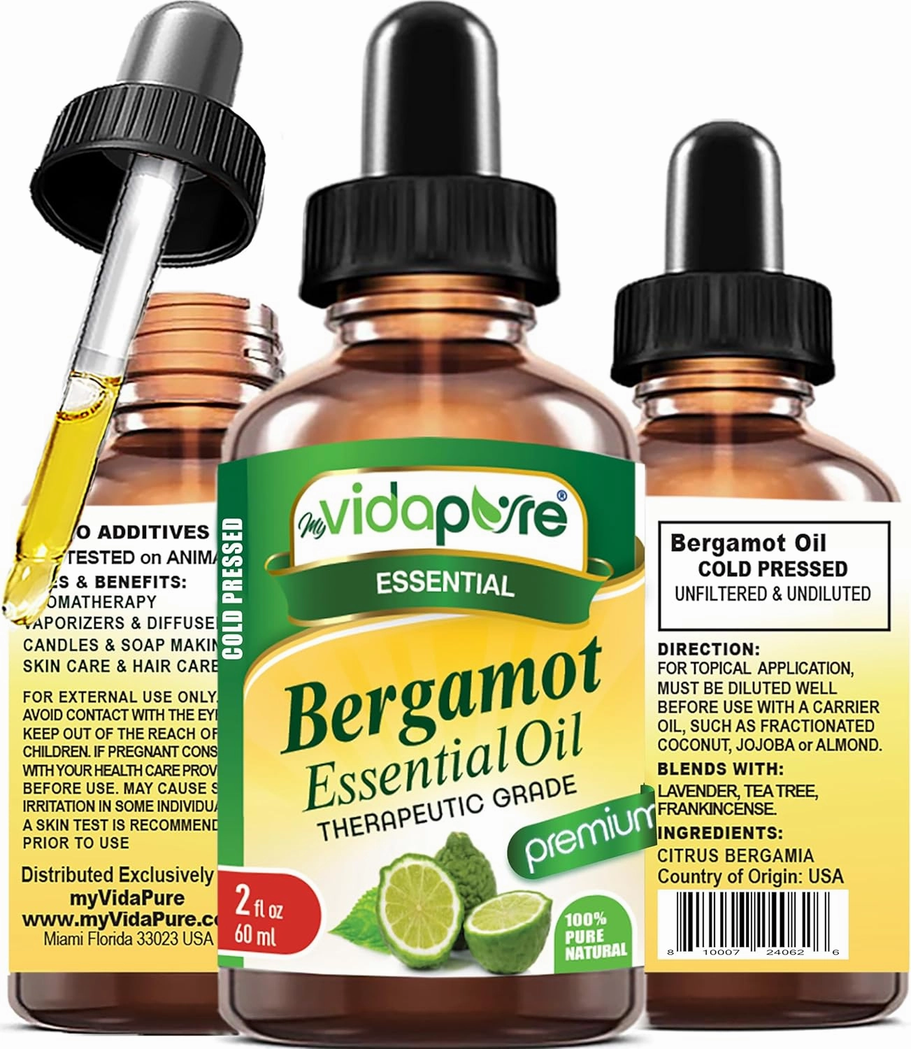 myVidaPure Bergamot Essential Oil 100% Pure Natural Undiluted 2 fl oz- 60 ml for Beauty, Skin, Hair, Aromatherapy, Soaps, Candles, Reed Diffusers, Perfume