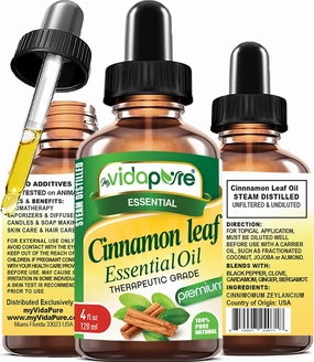 myVidaPure Cinnamon Leaf Essential Oil 100% Pure Natural Undiluted 4 fl oz- 120 ml for Beauty, Skin, Hair, Aromatherapy, Soaps, Candles, Reed Diffusers, Perfume