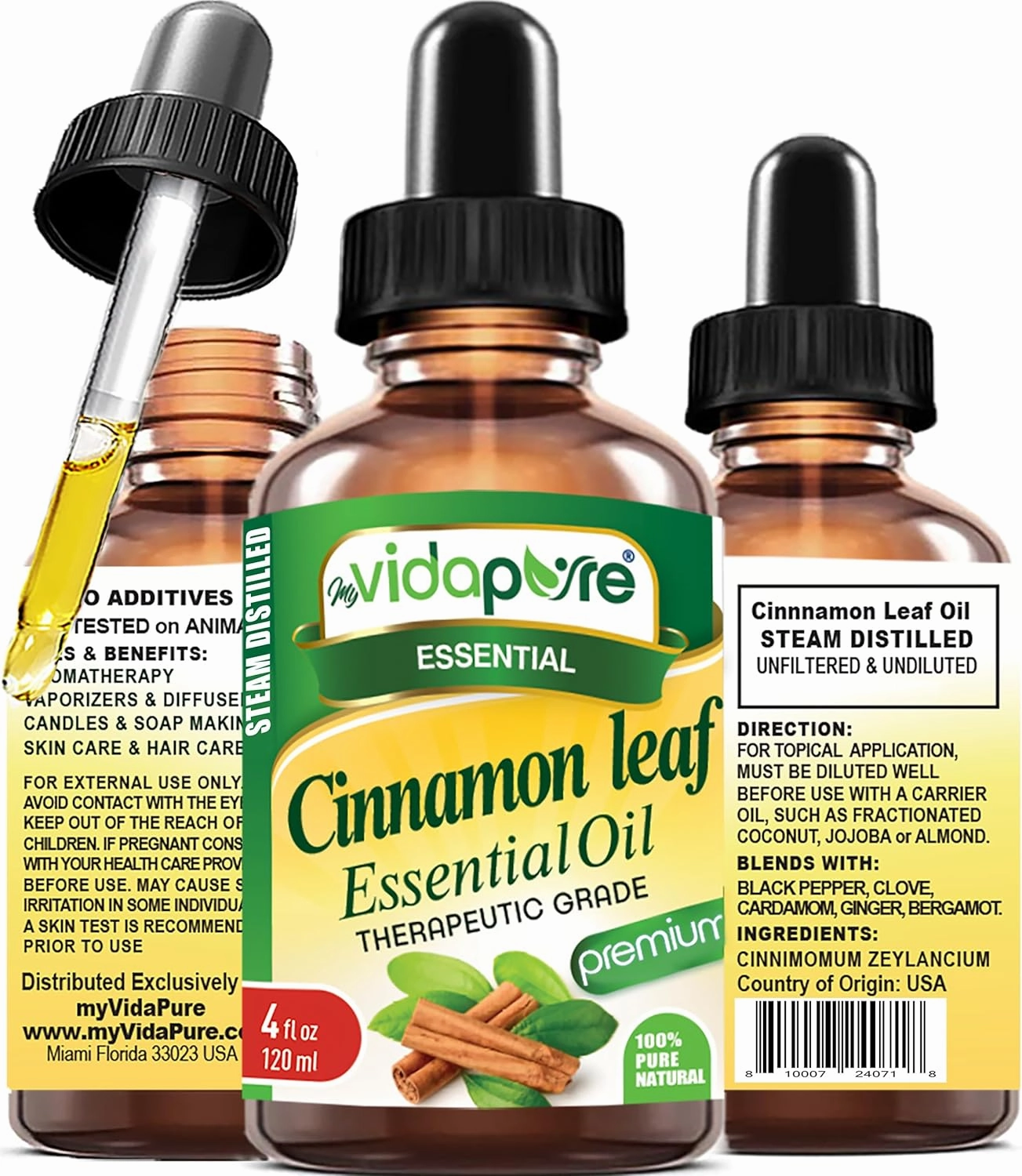 myVidaPure Cinnamon Leaf Essential Oil 100% Pure Natural Undiluted 4 fl oz- 120 ml for Beauty, Skin, Hair, Aromatherapy, Soaps, Candles, Reed Diffusers, Perfume