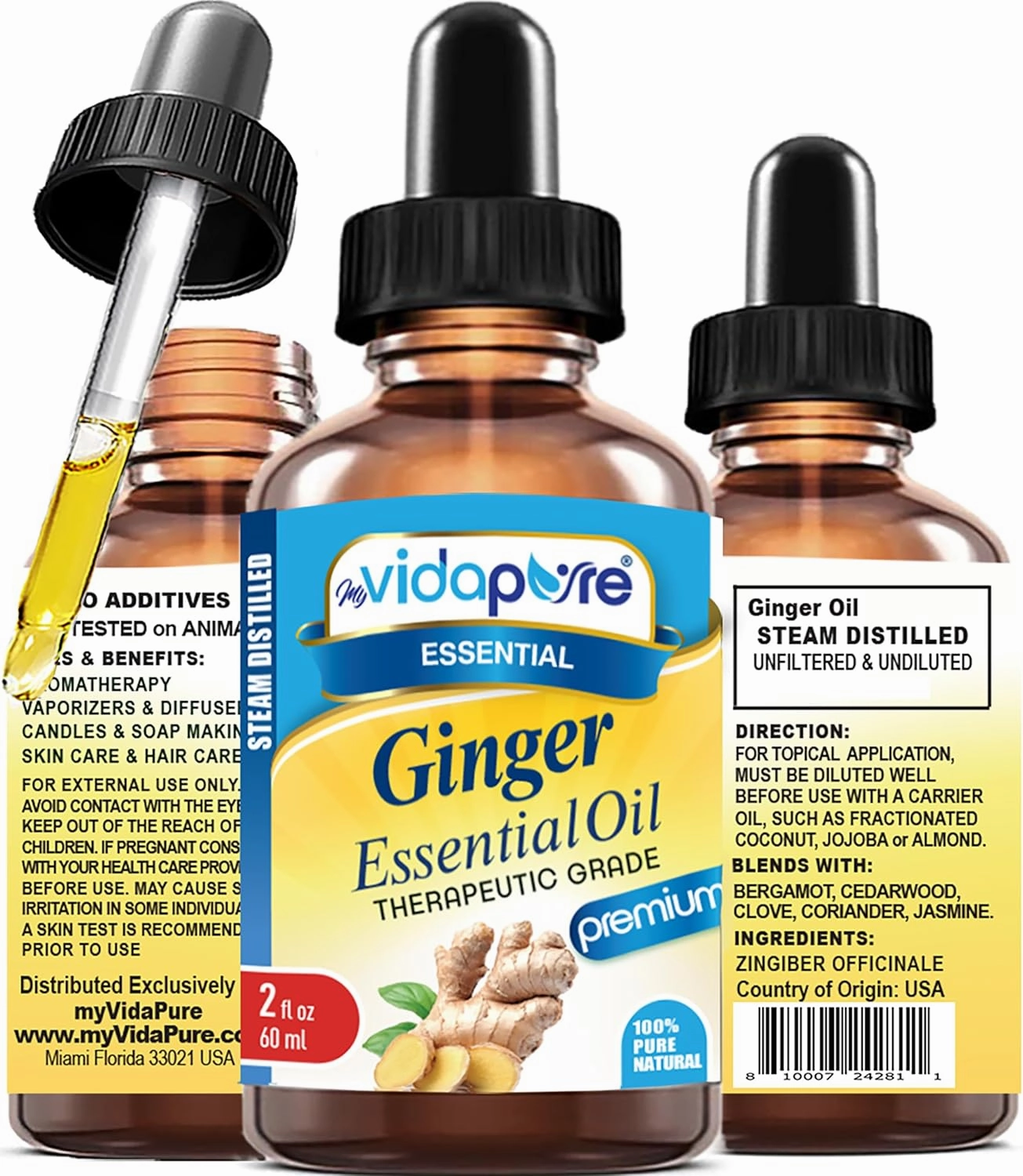 myVidaPure Ginger Essential Oil 100% Pure Natural Undiluted 2 fl oz- 60 ml for Beauty, Skin, Hair, Aromatherapy, Soaps, Candles, Reed Diffusers, Perfume