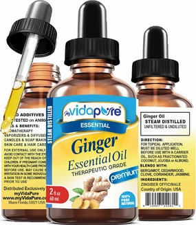 myVidaPure Ginger Essential Oil 100% Pure Natural Undiluted 2 fl oz- 60 ml for Beauty, Skin, Hair, Aromatherapy, Soaps, Candles, Reed Diffusers, Perfume