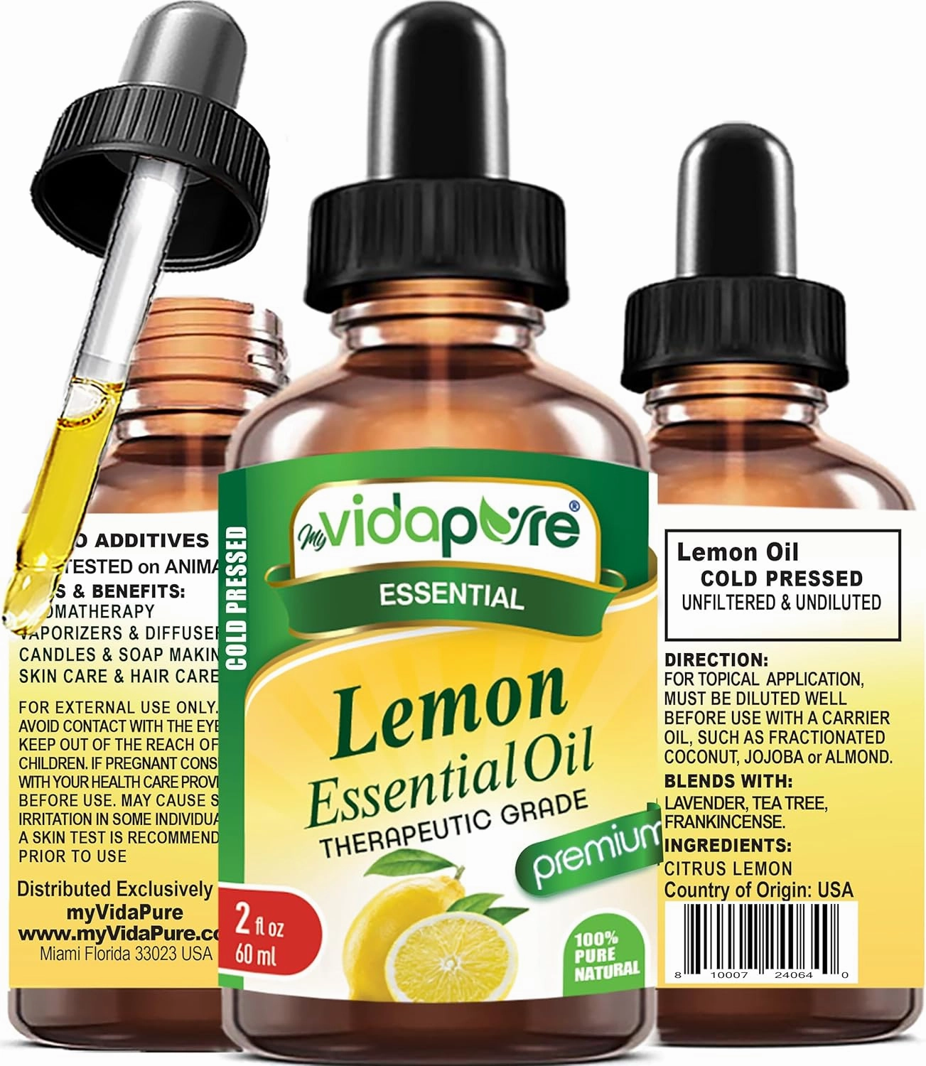 myVidaPure Lemon Essential Oil 100% Pure Natural Undiluted 2 fl oz- 60 ml for Beauty, Skin, Hair, Aromatherapy, Soaps, Candles, Reed Diffusers, Perfume
