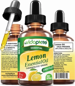 myVidaPure Lemon Essential Oil 100% Pure Natural Undiluted 2 fl oz- 60 ml for Beauty, Skin, Hair, Aromatherapy, Soaps, Candles, Reed Diffusers, Perfume