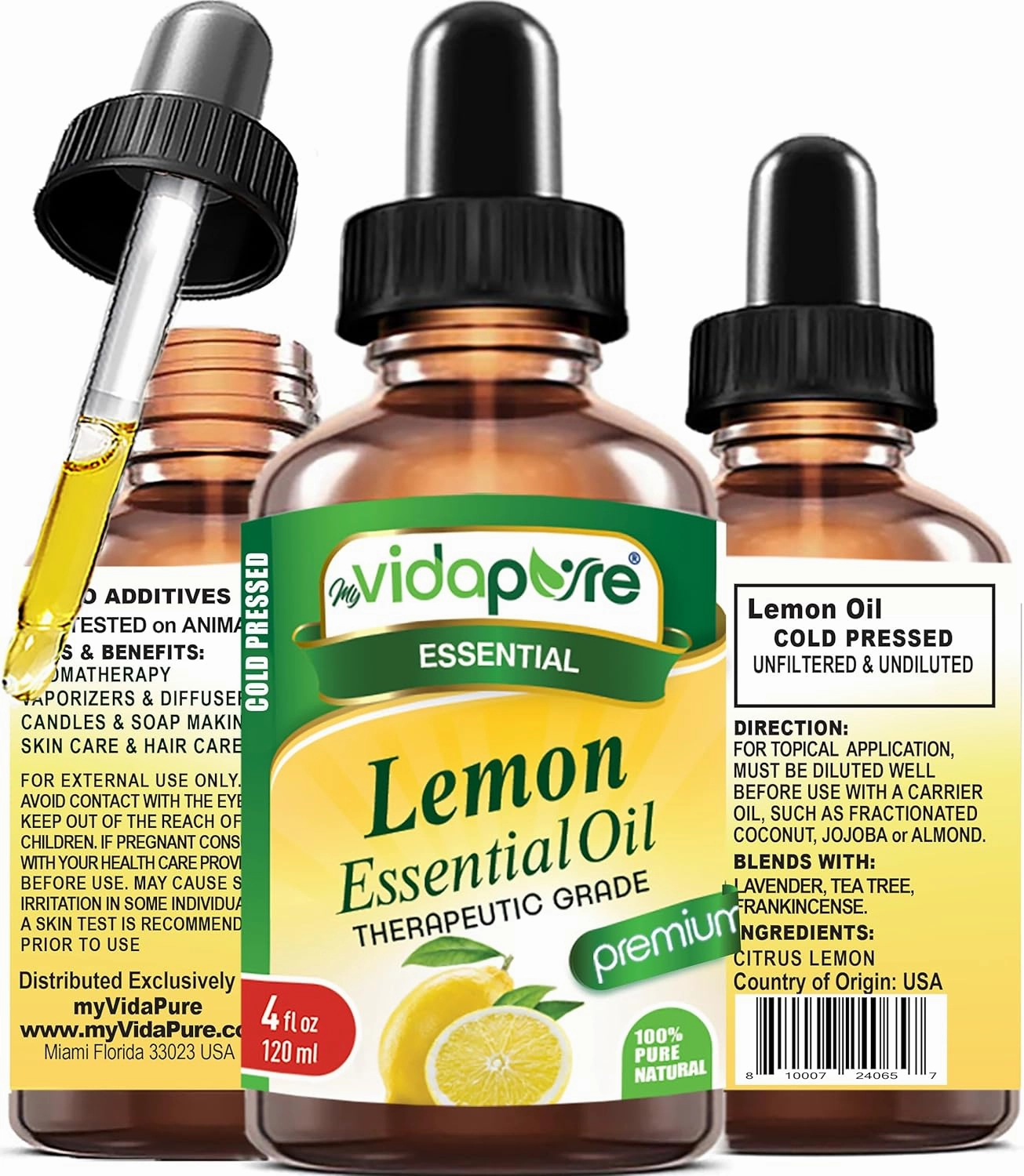 myVidaPure Lemon Essential Oil 100% Pure Natural Undiluted 4 fl oz- 120 ml for Beauty, Skin, Hair, Aromatherapy, Soaps, Candles, Reed Diffusers, Perfume