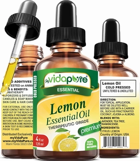 myVidaPure Lemon Essential Oil 100% Pure Natural Undiluted 4 fl oz- 120 ml for Beauty, Skin, Hair, Aromatherapy, Soaps, Candles, Reed Diffusers, Perfume