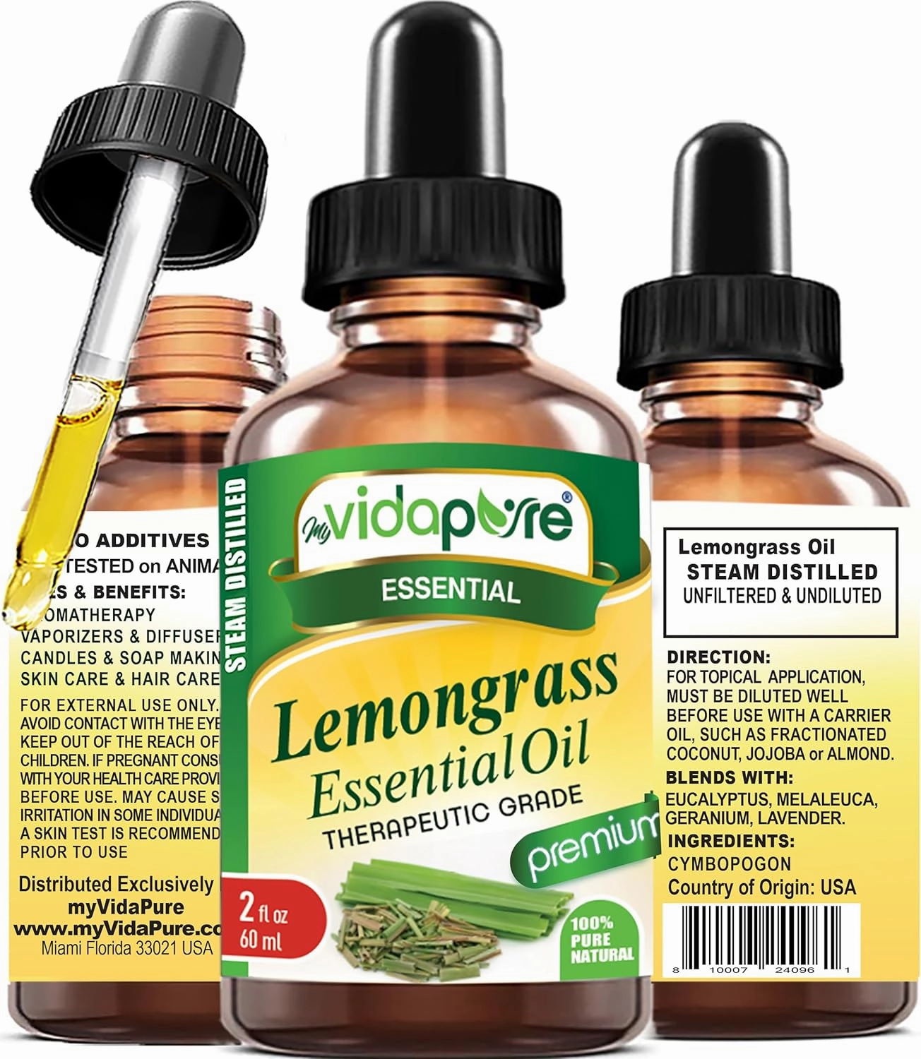 myVidaPure Lemongrass Essential Oil 100% Pure Natural Undiluted 2 fl oz- 60 ml for Beauty, Skin, Hair, Aromatherapy, Soaps, Candles, Reed Diffusers, Perfume