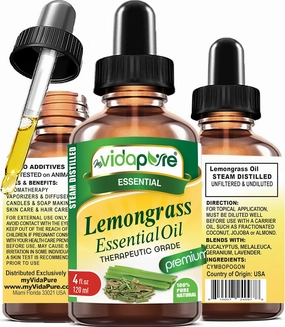 myVidaPure Lemongrass Essential Oil 100% Pure Natural Undiluted 4 fl oz- 120 ml for Beauty, Skin, Hair, Aromatherapy, Soaps, Candles, Reed Diffusers, Perfume