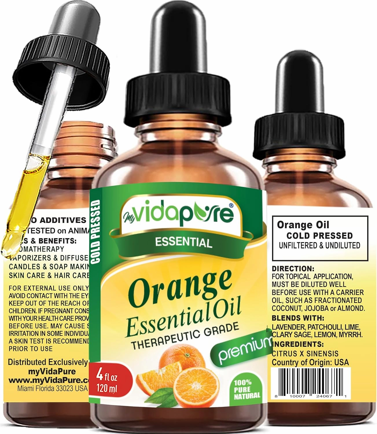 myVidaPure Orange Essential Oil 100% Pure Natural Undiluted 4 fl oz- 120 ml for Beauty, Skin, Hair, Aromatherapy, Soaps, Candles, Reed Diffusers, Perfume